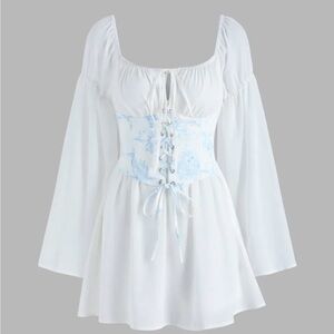 White Dress with Blue Floral Corset Detail